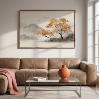 Autumn Tree Art Print above a leather sofa showing orange trees with birds in a minimalist style