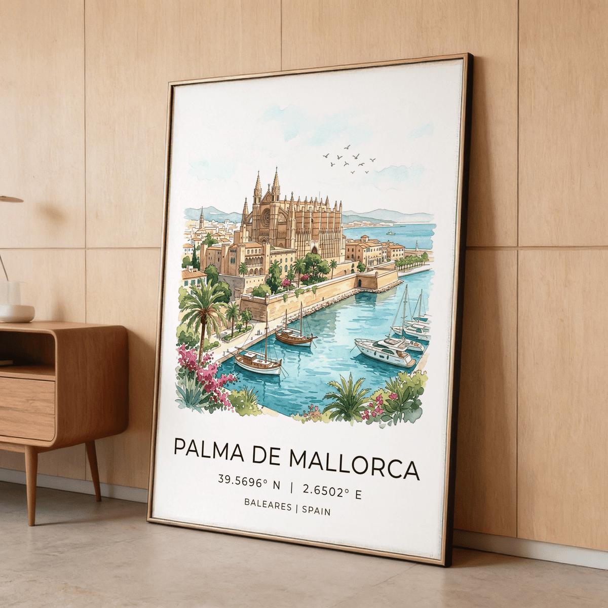Framed Palma De Mallorca art print with watercolour of Palma Cathedral and harbour leaning against a wooden wall