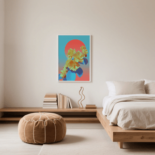 Vibrant Floral wall art with yellow flowers and blue leaves above a wooden shelf in a bedroom