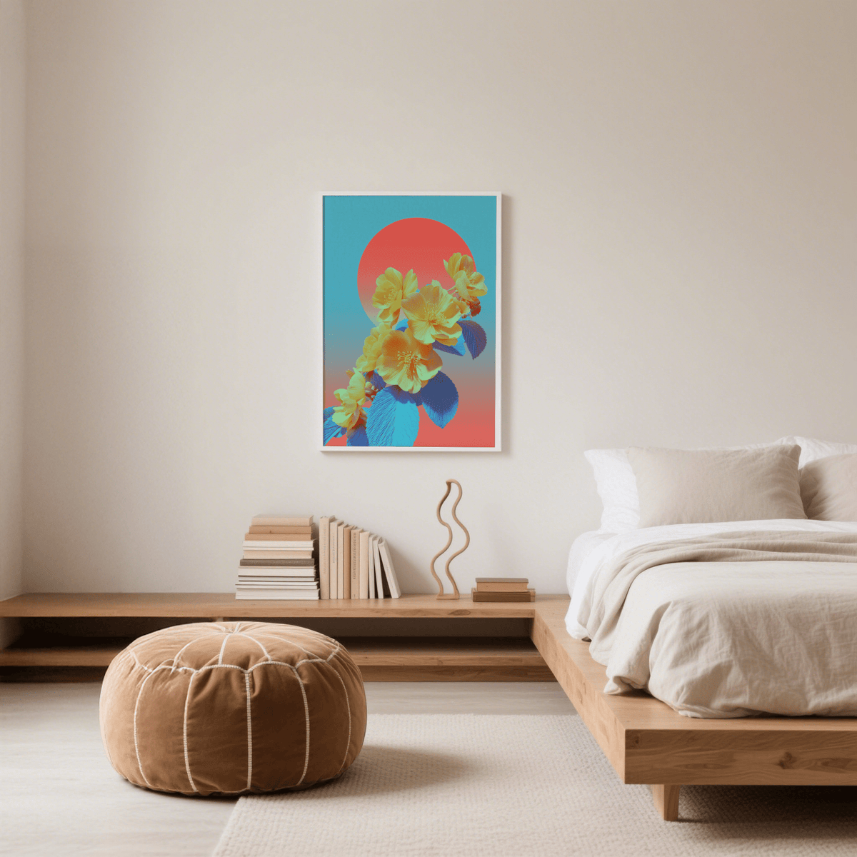 Vibrant Floral wall art with yellow flowers and blue leaves above a wooden shelf in a bedroom