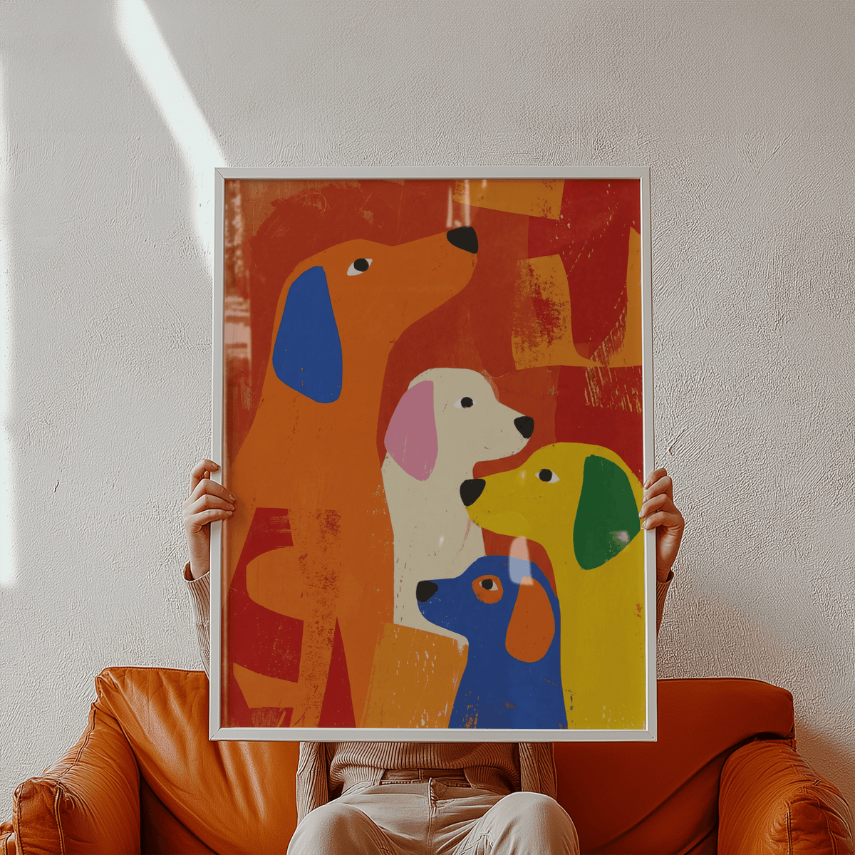 Colourful dog print held in hands with red, yellow, blue and orange dogs visible