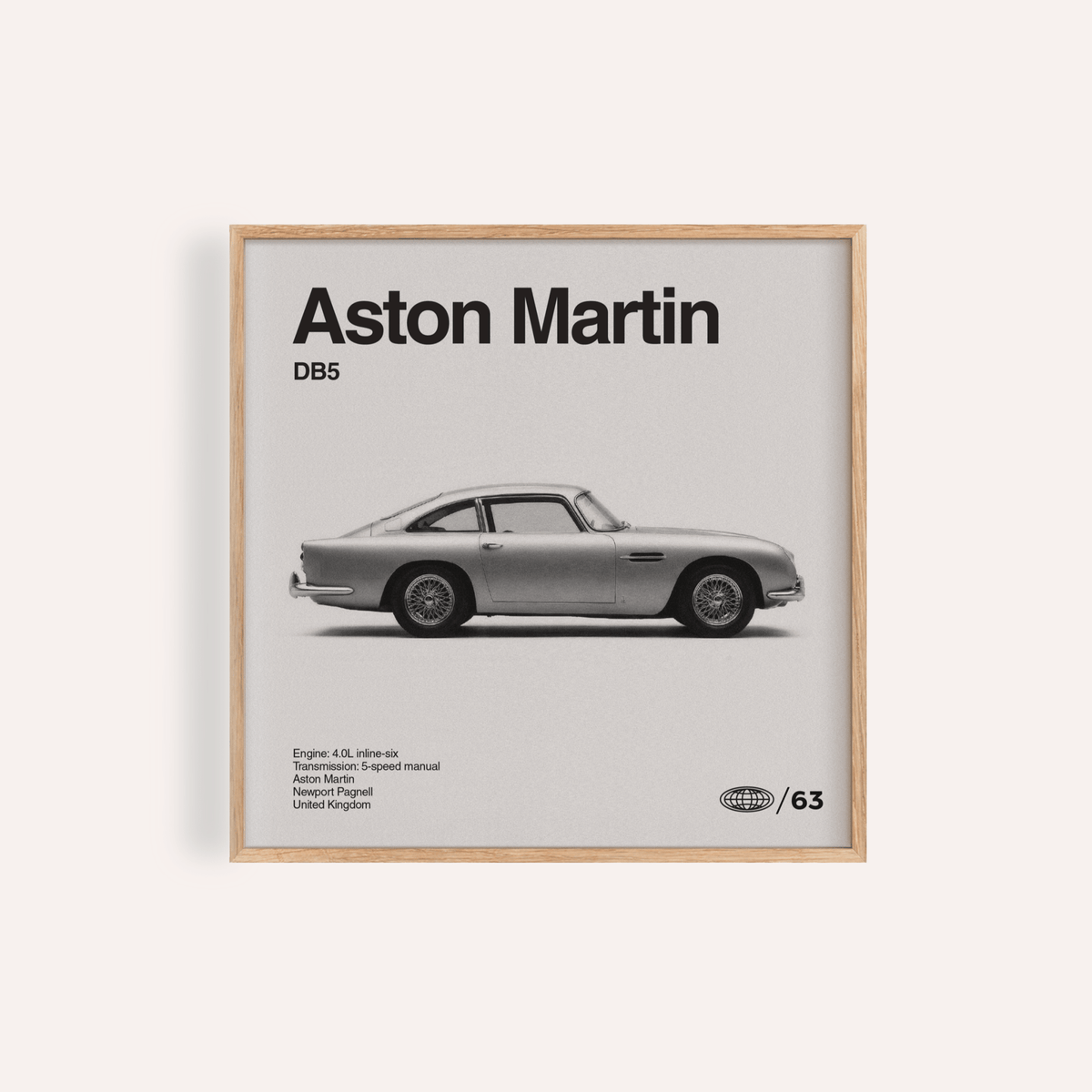 Classic British Grand Tourer Poster showing side profile of vintage car in black white and grey for living room wall art