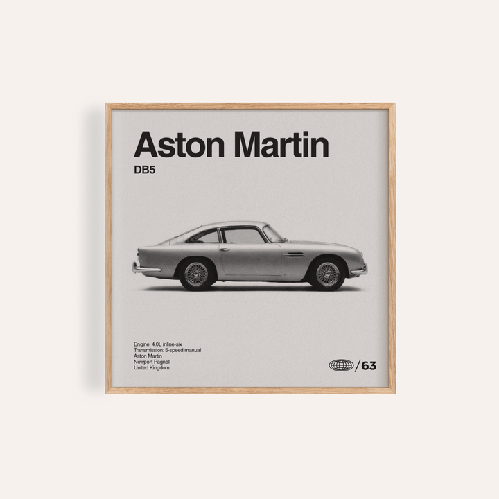 Classic British Grand Tourer Poster showing side profile of vintage car in black white and grey for living room wall art