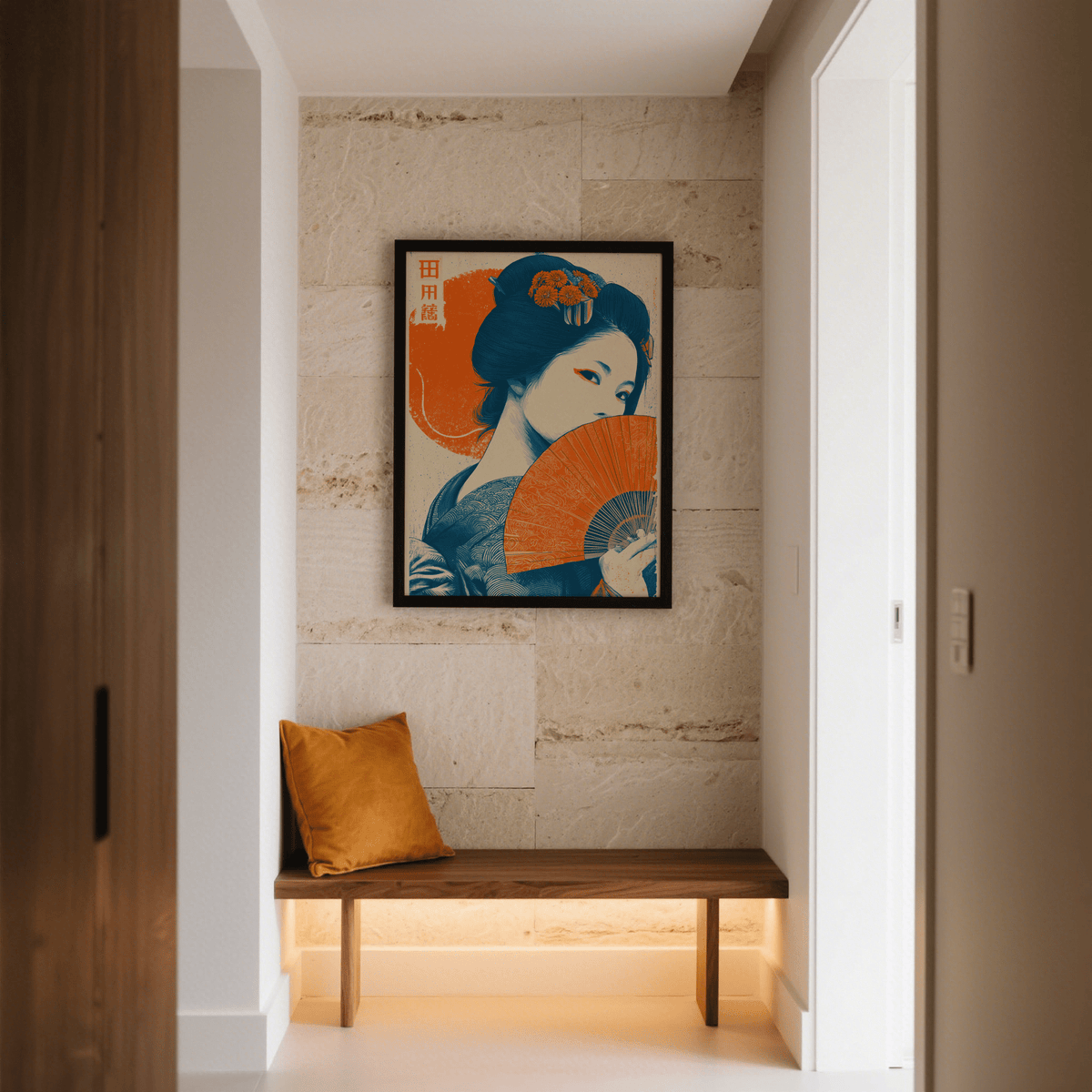 Print of a geisha with an orange fan and blue hair above a wooden bench with an orange cushion in a hallway
