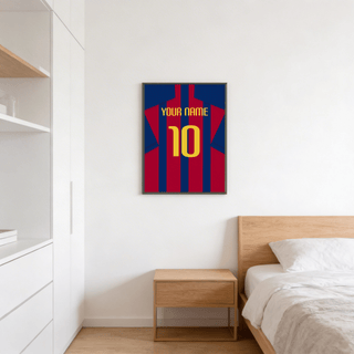 Football Shirt Poster in Red and Blue Stripes with Yellow Number hanging above a wooden bedside table in a bedroom