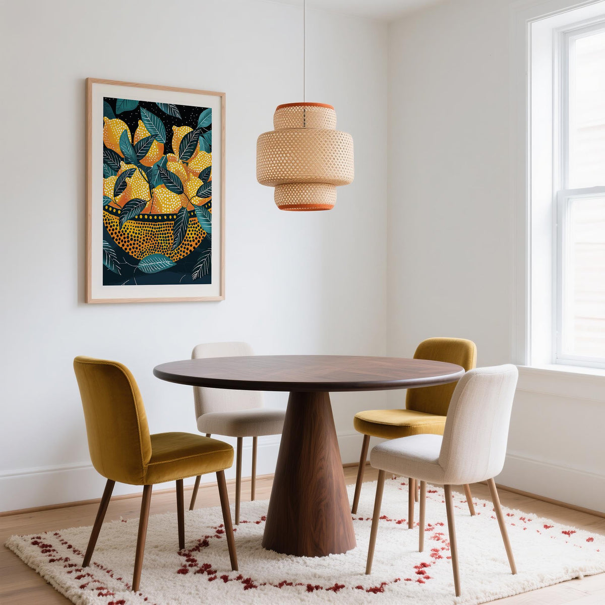Lemon wall art print featuring a bowl of lemons in a dining room above a table with chairs