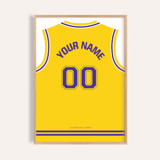 Framed print close-up of a yellow basketball jersey with purple number and personalised name