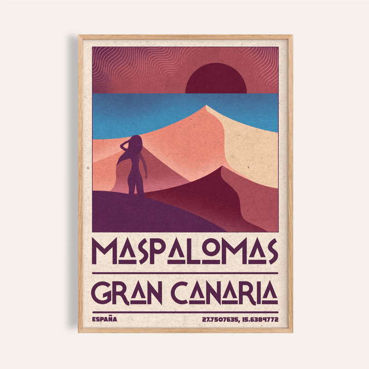 Maspalomas Vintage Wall Art showing sand dunes and a figure in minimalist vintage style with warm colours