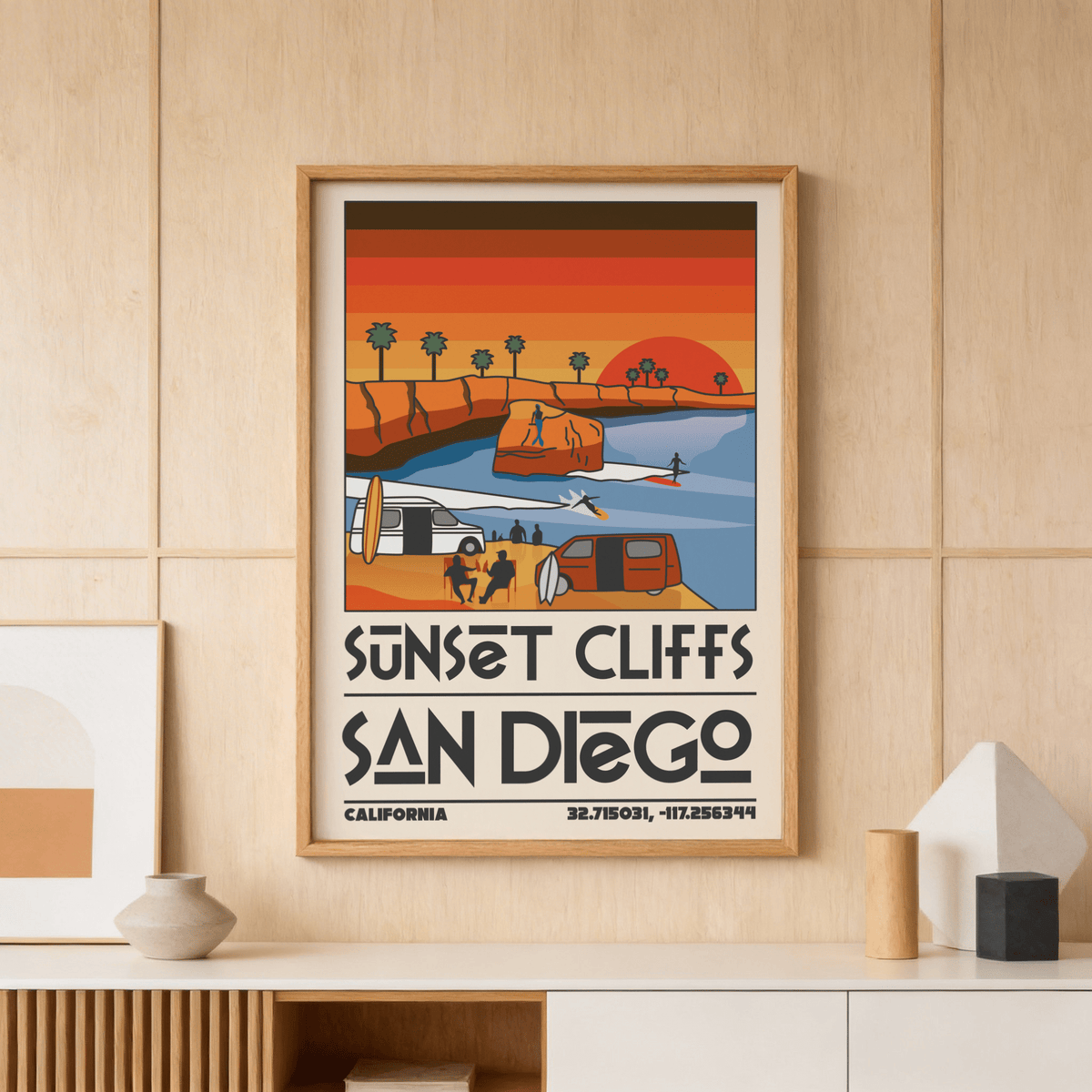 Vintage San Diego wall art of Sunset Cliffs with orange and blue retro colours on a wooden-paneled wall