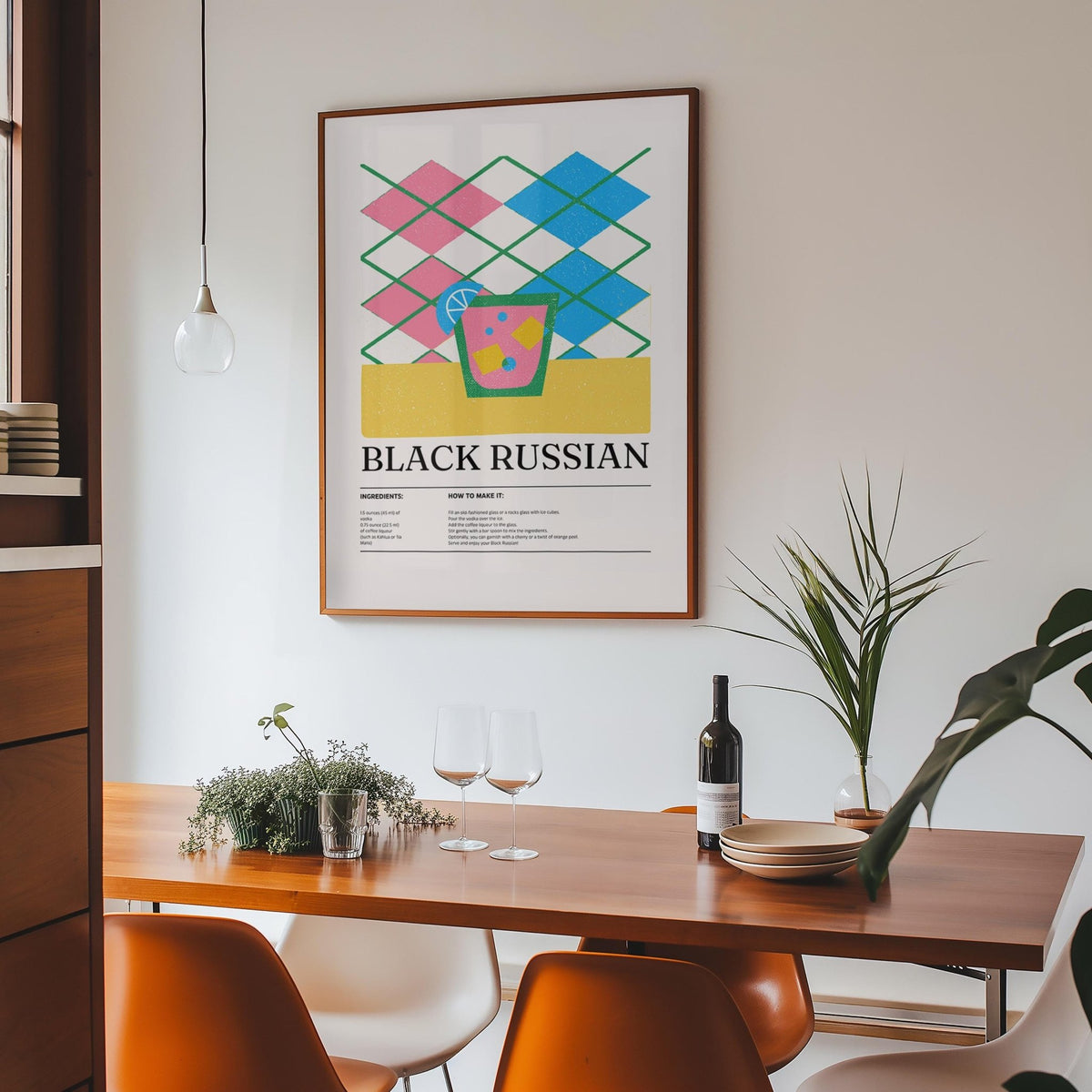Home Bar wall art of a Black Russian cocktail in minimalist style hanging above a wooden dining table with glassware