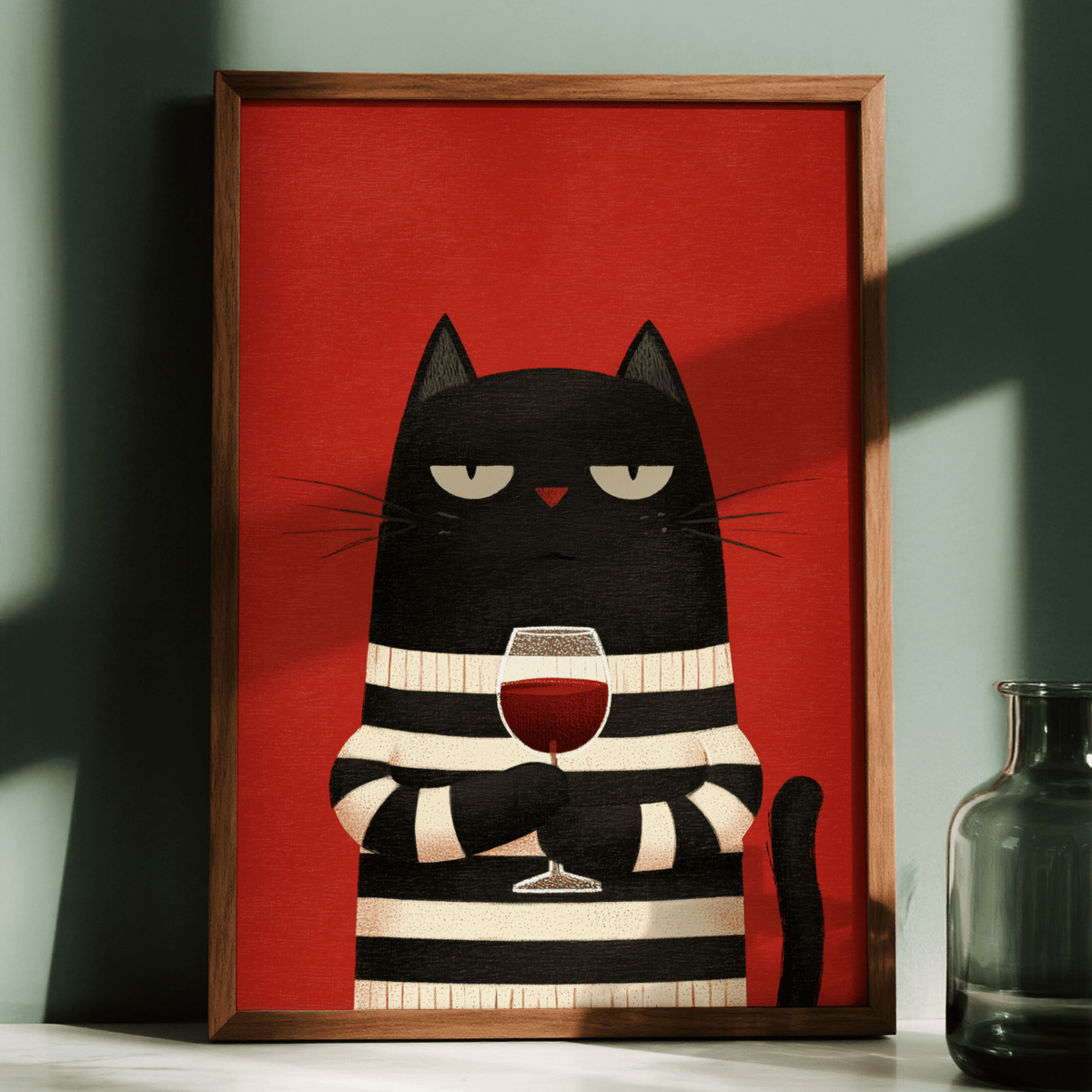Black cat holding a red wine glass on a red background with cream and black striped sweater and a glass bottle nearby