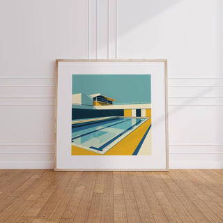 Minimalistic Art print leaning on a wooden floor with a swimming pool in yellow and blue tones