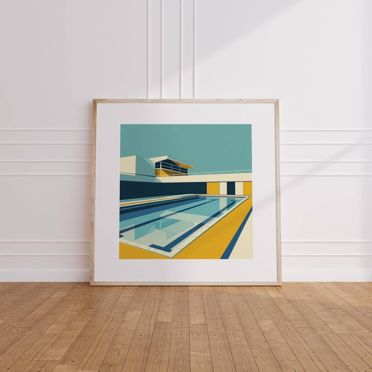 Minimalistic Art print leaning on a wooden floor with a swimming pool in yellow and blue tones