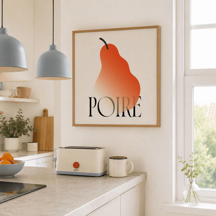 Modern Pear Poster in a kitchen with orange pear and black typography above a toaster