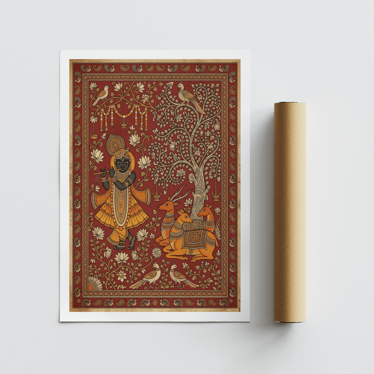 Indian Folk Art Print of krishna playing flute with orange and brown details with a packaging tube