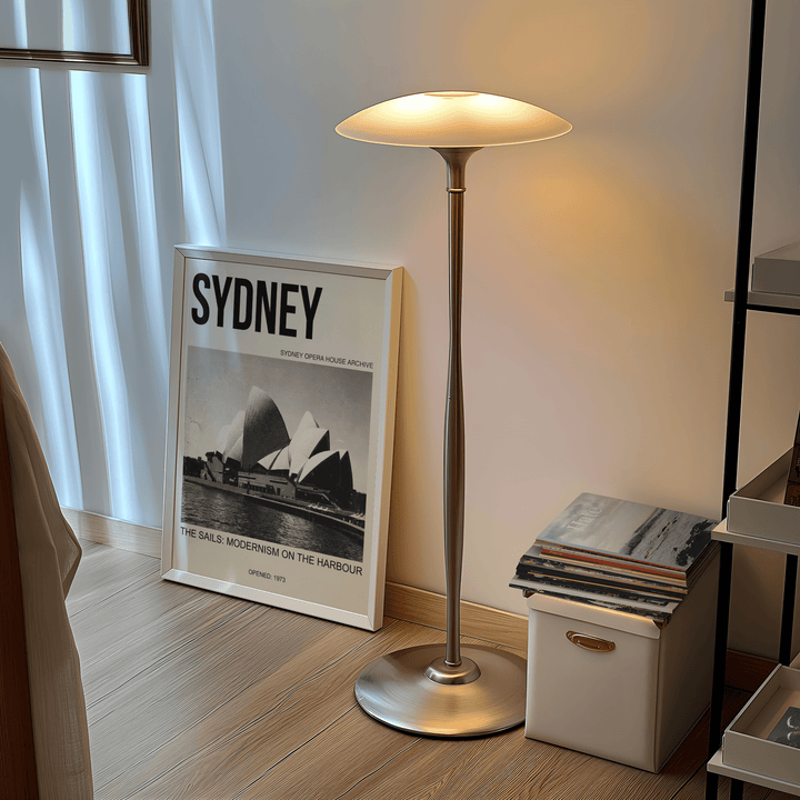 Print leaning on floor lamp of Sydney Opera House poster in black and white with text in a softly lit room