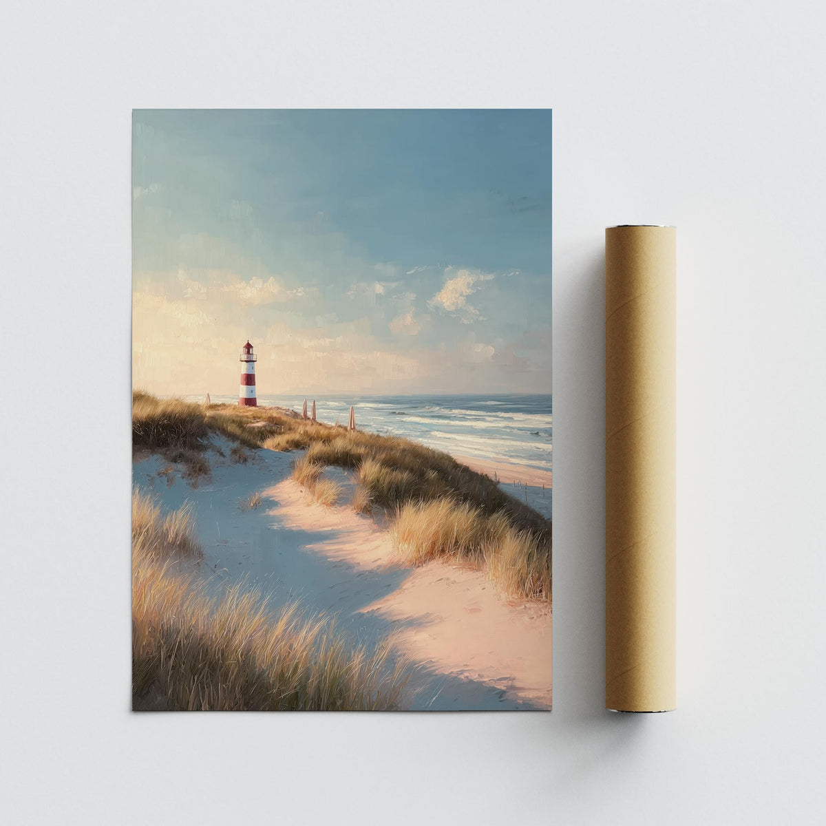 Lighthouse wall art showing a sandy dune with beach grass and a red and white striped lighthouse alongside a packaging tube