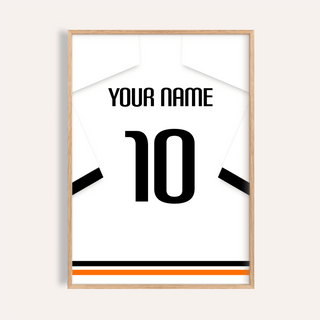 Framed Football Shirt Poster in White with Black Sleeve Bands showing personalised name and number in minimalist style