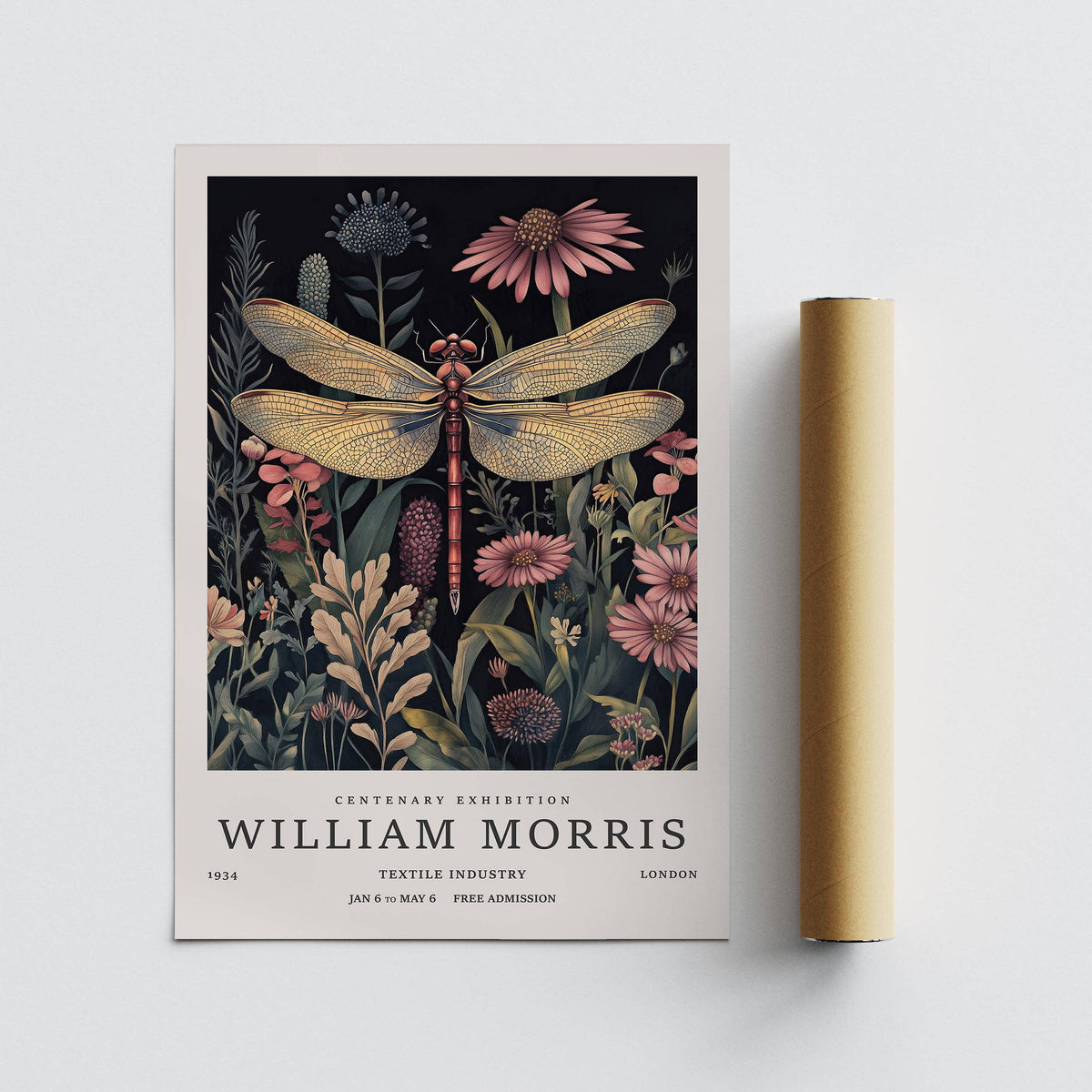 Dragonfly art prints flat lay with vintage botanical style and muted pink and green tones beside packaging tube