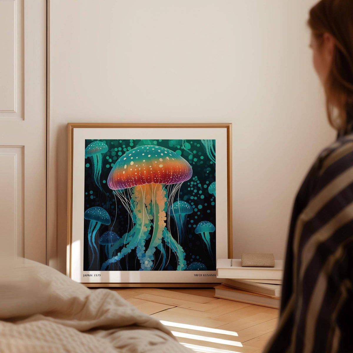 Art Unique Wall print of a rainbow jellyfish with blue green tones leaning on a wooden floor next to books