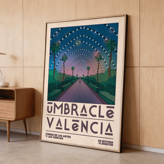 Framed Poster Valencia of a Spanish pathway with arches and string lights leaning against a wood panel wall