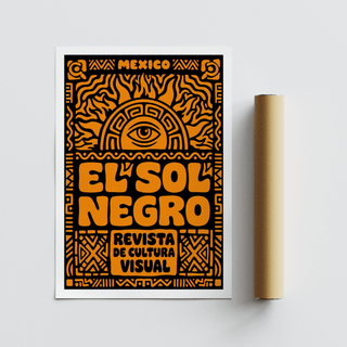 Flat folk-art Mexican culture art print with orange sun and eye symbol alongside a brown packaging tube