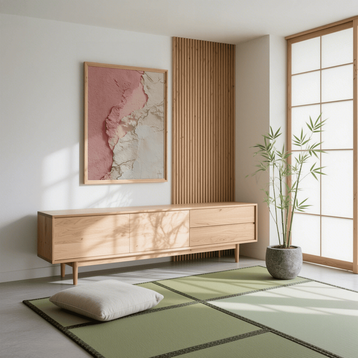 Pink Abstract Print hanging in a minimalist room with a large potted plant and natural wood furniture