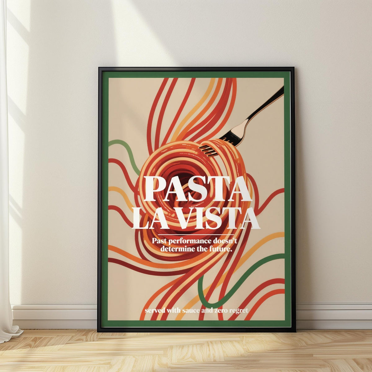 Dining Room Prints featuring a spaghetti pasta fork illustration with warm orange and red tones leaning on a wooden floor