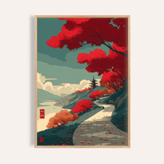 Framed close-up of autumn forest wall art with red maple trees and a winding path