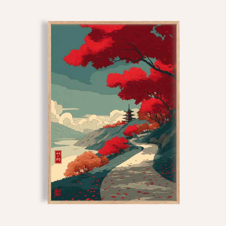 Framed close-up of autumn forest wall art with red maple trees and a winding path