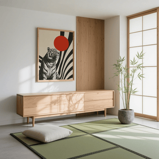 Modern Tiger Poster with a sitting tiger and red sun above a wooden cabinet in a room with tatami mats