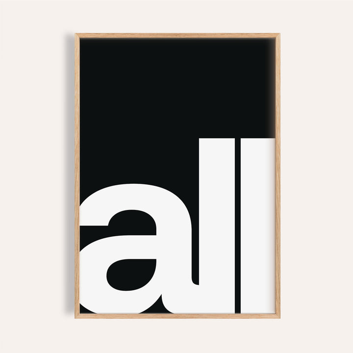 Framed Typography Art Prints showing large white letters 'al' on a black background