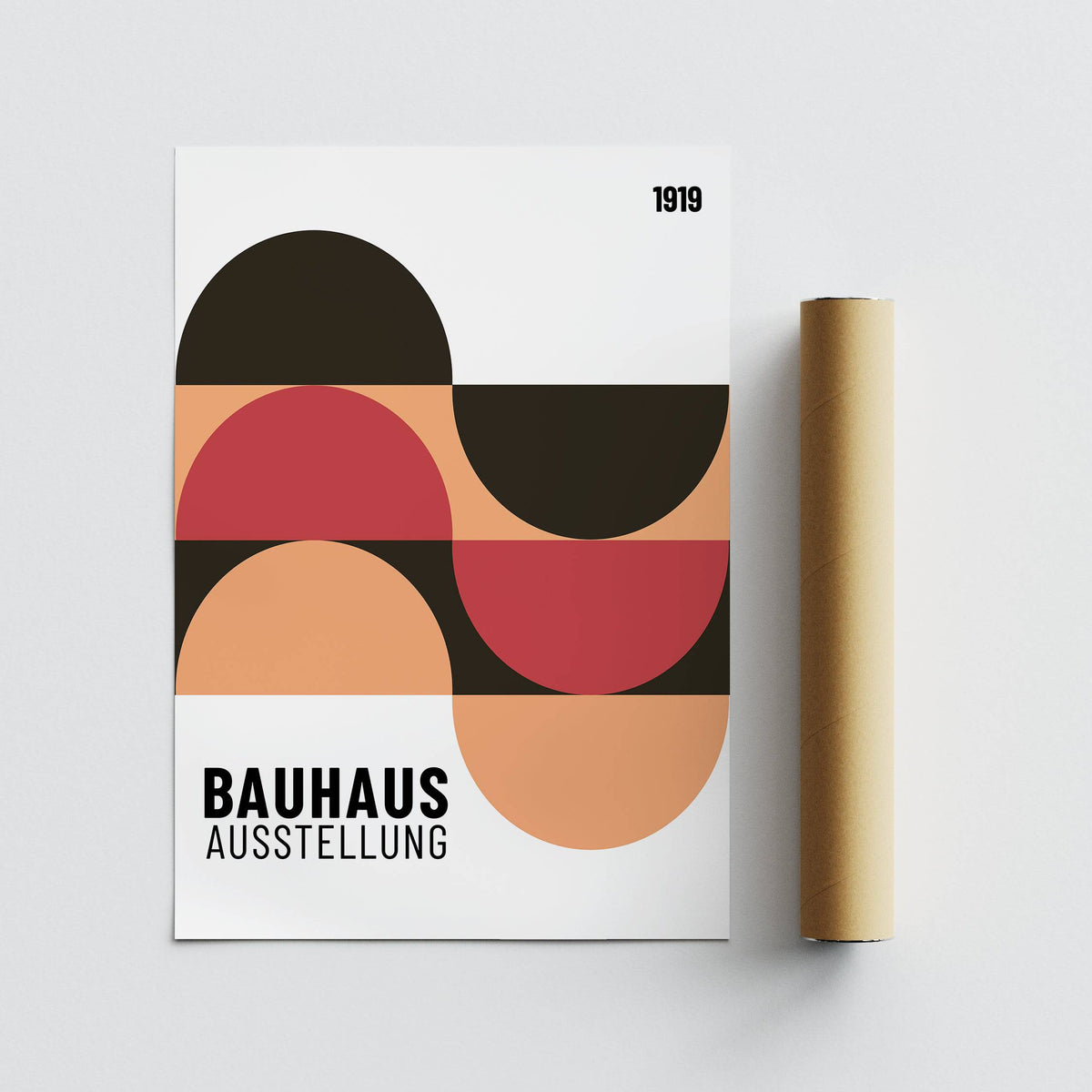 Flat print of Home Office Wall Art showing abstract geometric shapes in black, red and peach with packaging tube