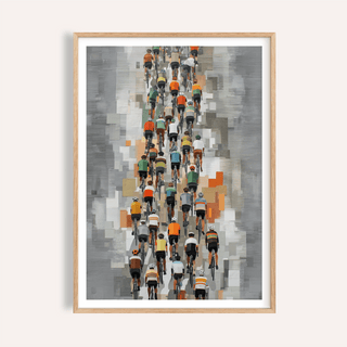 Framed Bicycle Racing Poster showing cyclists riding away with muted grey and orange background