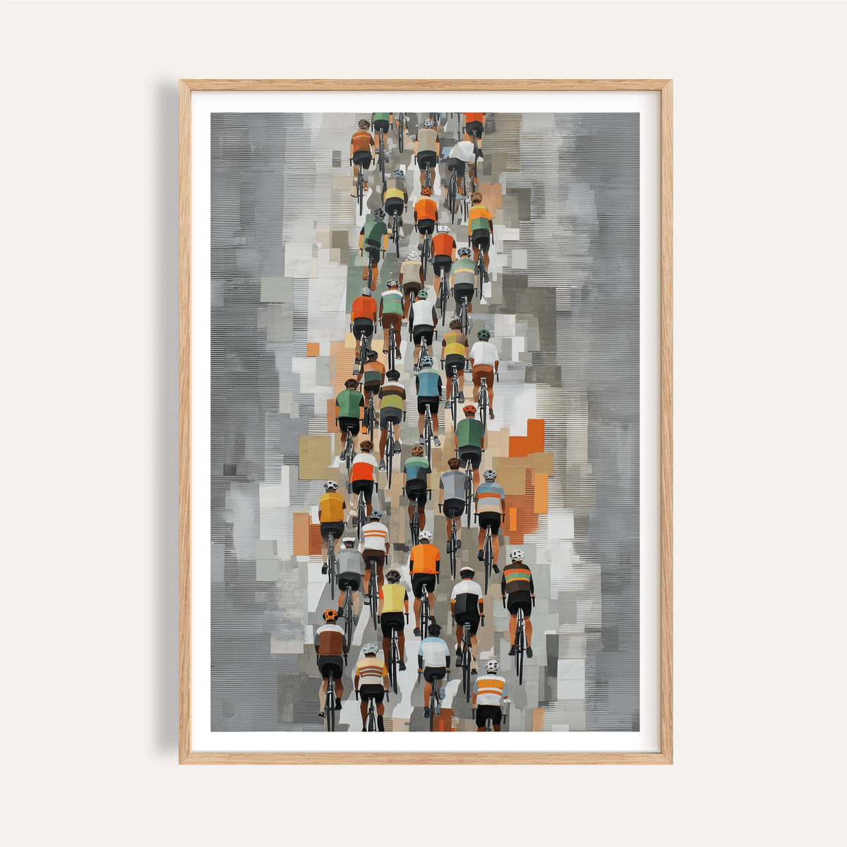 Framed Bicycle Racing Poster showing cyclists riding away with muted grey and orange background