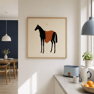 Horse Moon wall art of a minimalist black horse with an orange blanket in a kitchen with a toaster
