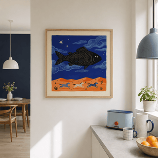 Whimsical Fish Art Print in a kitchen with a toaster nearby and natural light from a window