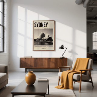 Sydney Opera House Poster on a white wall above a wooden sideboard with a black desk lamp in a sunlit living room