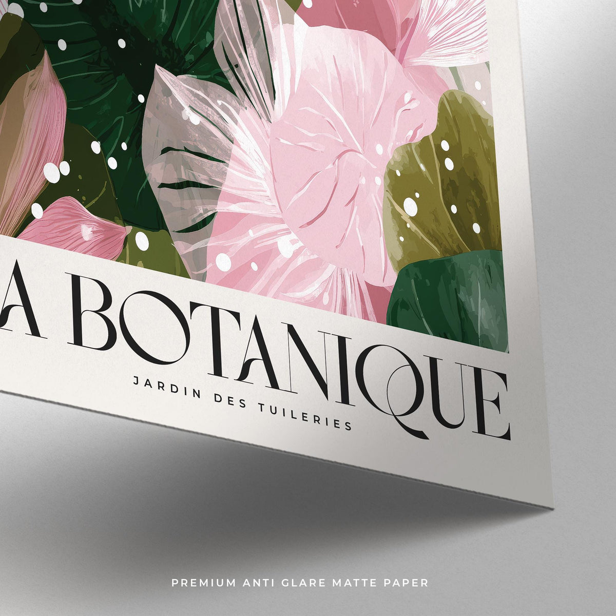 High Quality Art Prints close-up of botanical leaves in pink green and olive with text on matte paper