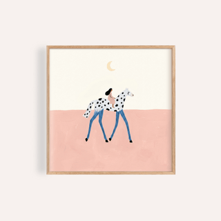 Fantasy horse art print of a girl on a spotted horse under a crescent moon with pink and cream background