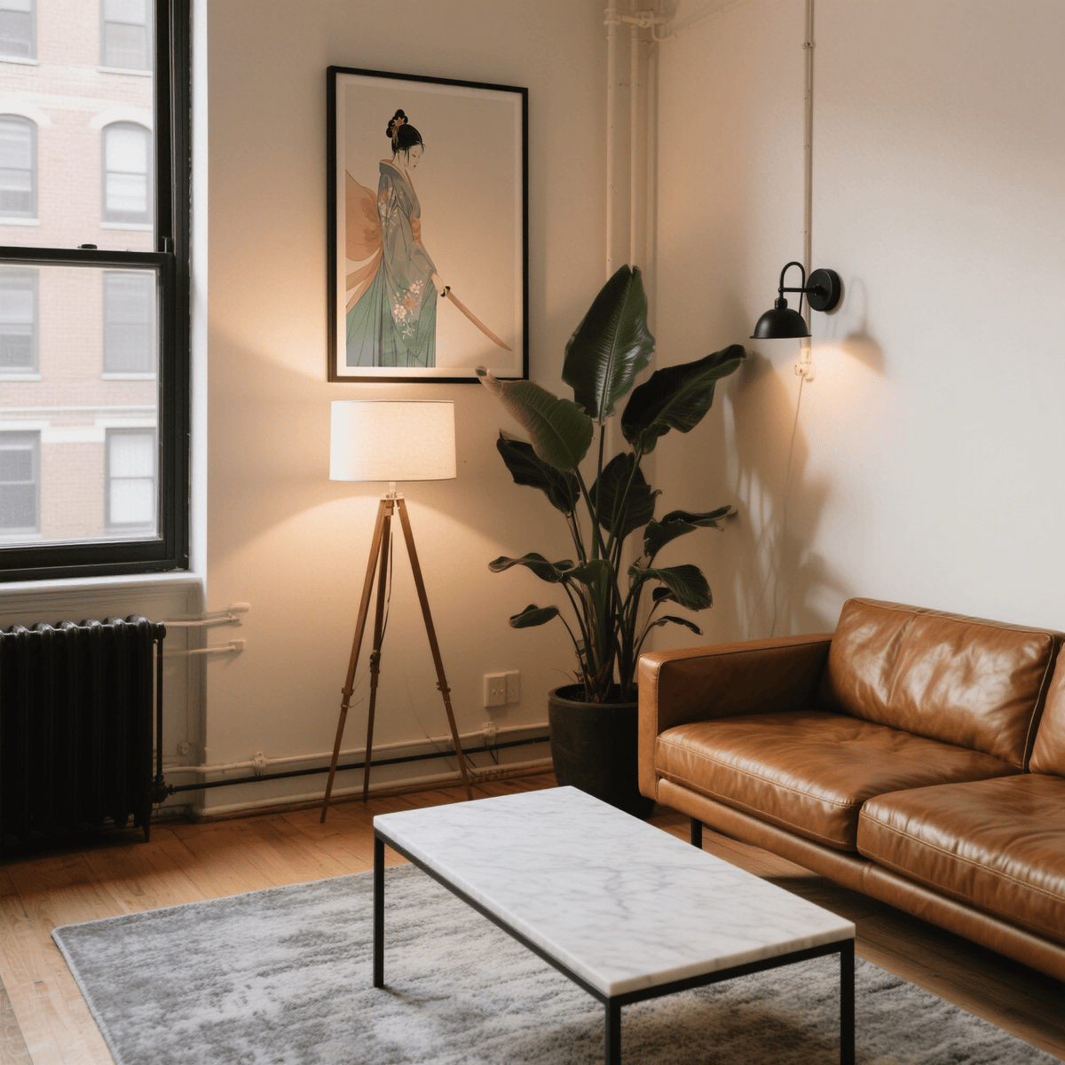 Japanese Woman Art Print print on a wall in a living room with brown leather sofa and green plant