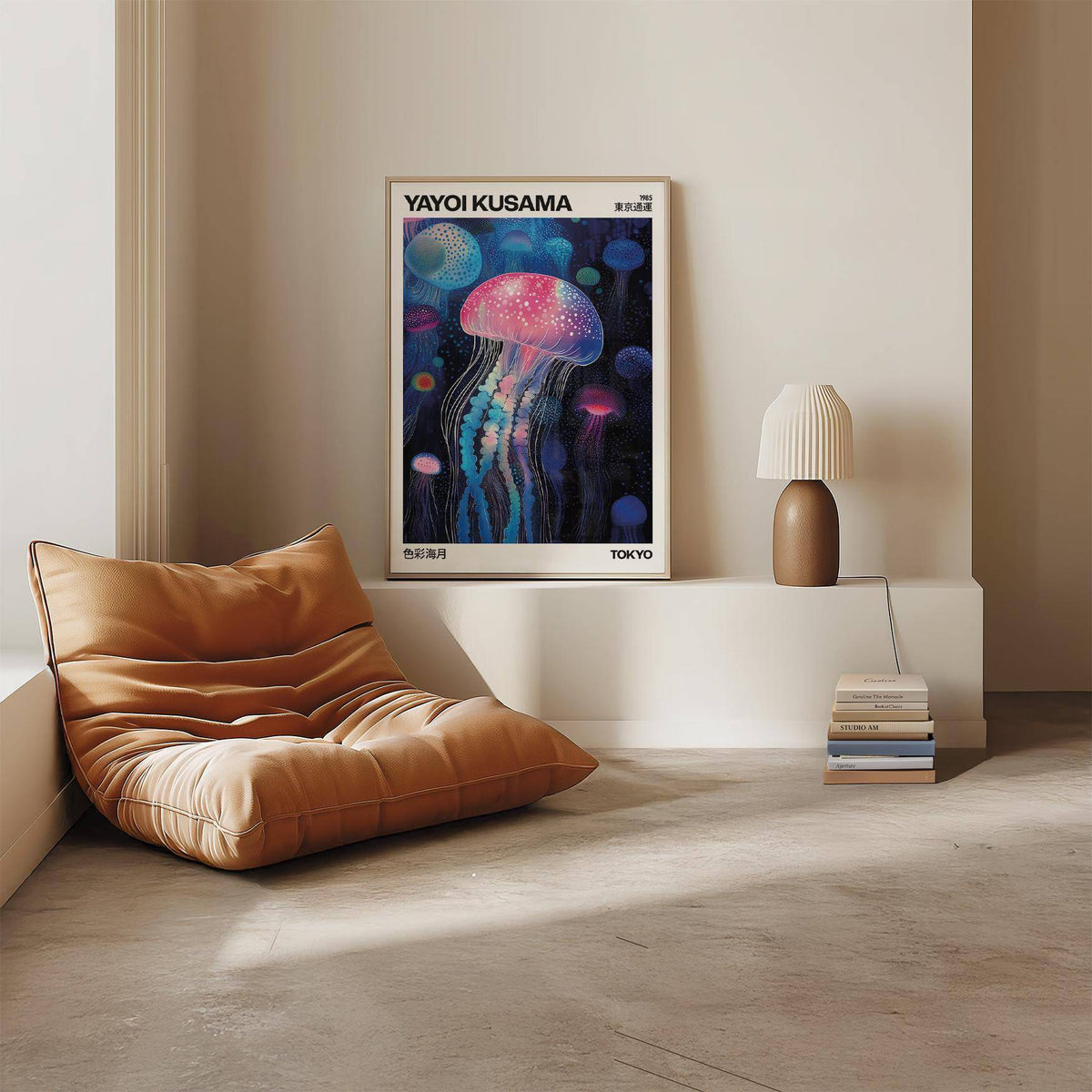 Print leaning on a shelf showing jelly fish wall art with glowing jellyfish in blue and pink next to a lamp