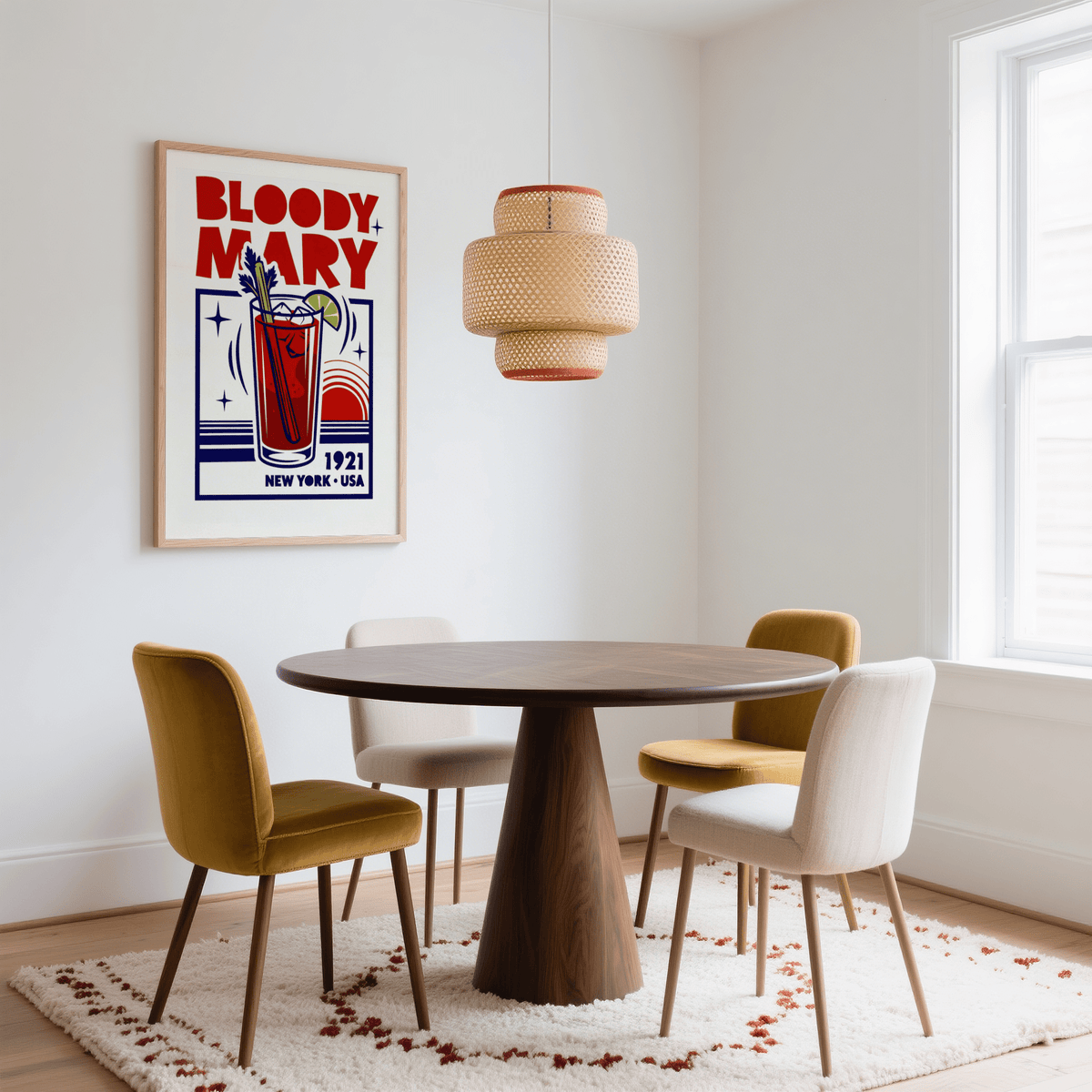 Framed Bloody Mary poster with red and navy illustration in a dining room above a round wooden table