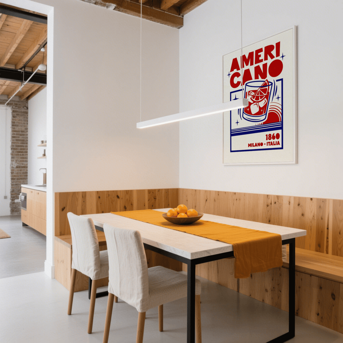 Americano Cocktail Poster print with red and blue minimalist illustration above a dining table with a bowl of oranges