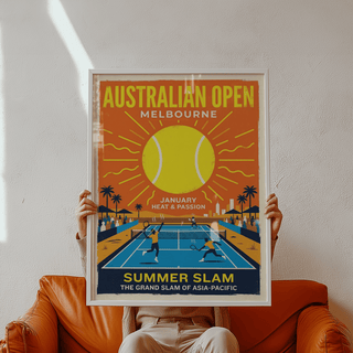 Summer Slam Print framed and held by person wearing beige on orange sofa
