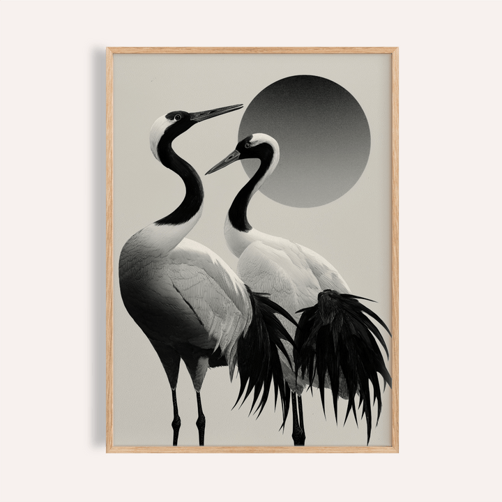 Framed close-up of black and white crane print showing two cranes with a large shaded circle