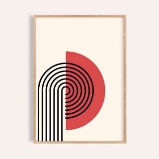 Framed Abstract Modern Print with black curved lines and a red semicircle on a cream background