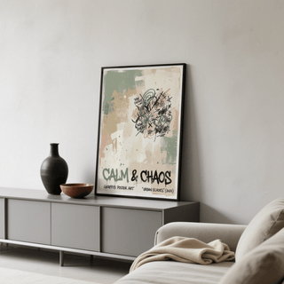 Print leaning on a grey cabinet with vases urban graffiti art print in muted greens and browns