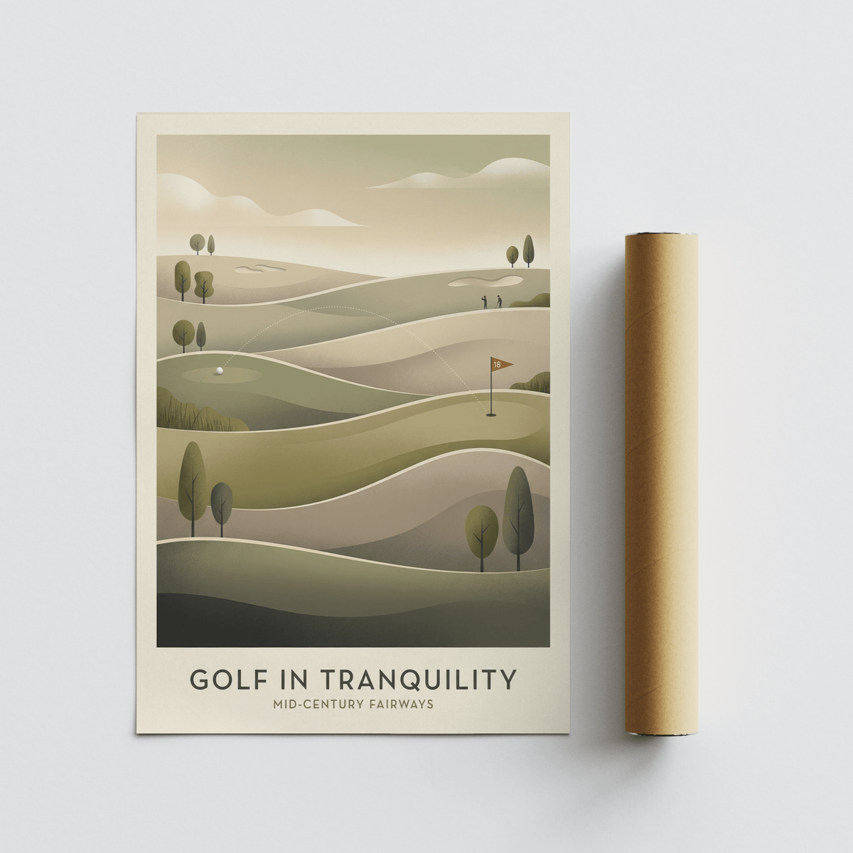 Mid-century golf art print with rolling green hills next to a brown packaging tube