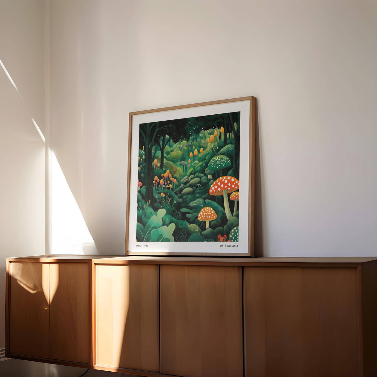 Print on a wall of colorful mushrooms in green forest tones above a wooden sideboard with sunlight